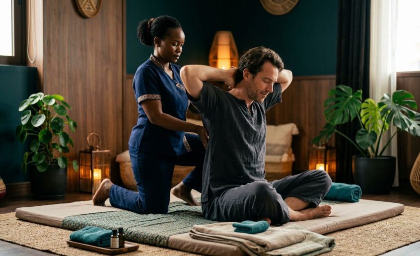 A therapist helps a man stretch on a padded mat in a calm massage studio.