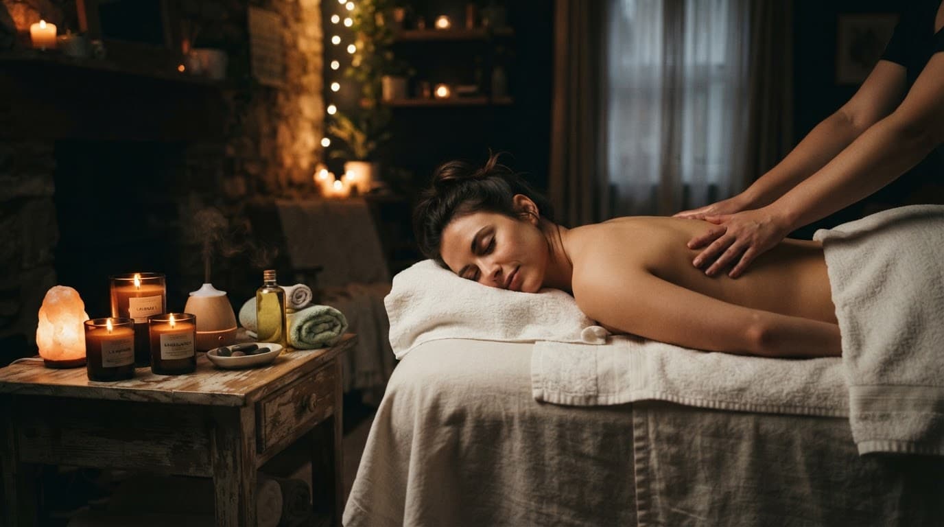 A person beside a wooden table with towels and candles for a home massage.
