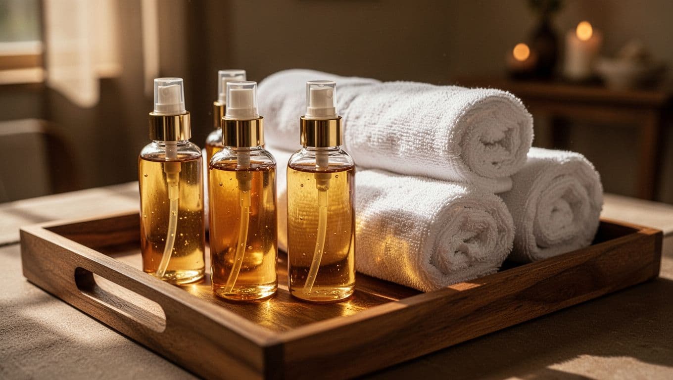 Amber oil bottles and rolled white towels arranged on a wooden tray in a warm spa.
