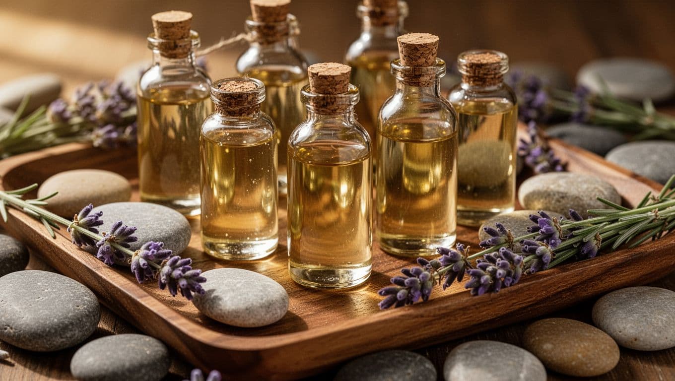 Glass massage oil bottles with river stones and lavender on a wooden tray.