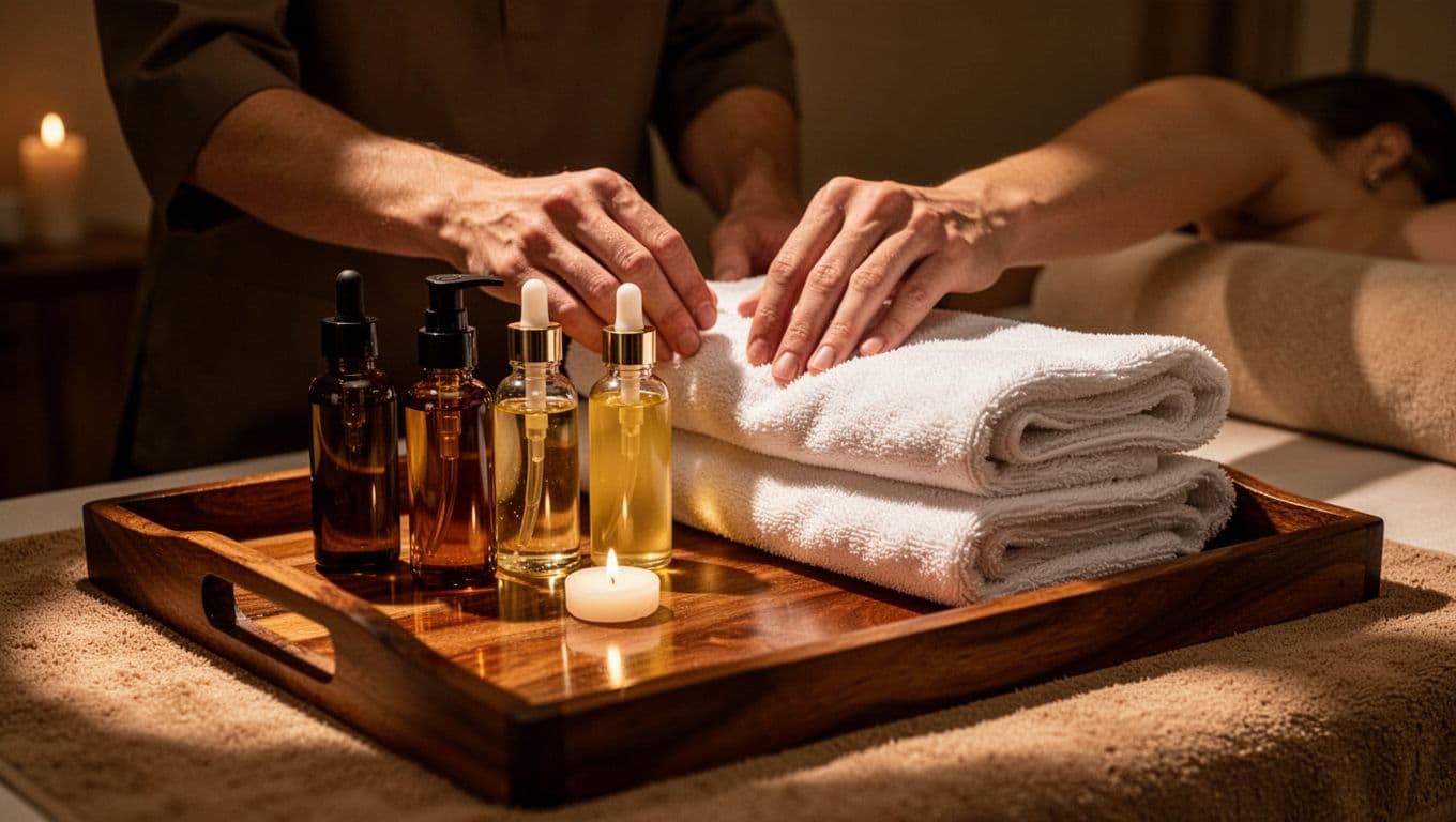 Massage oils and folded white linens sit on a wooden tray beside the therapist.