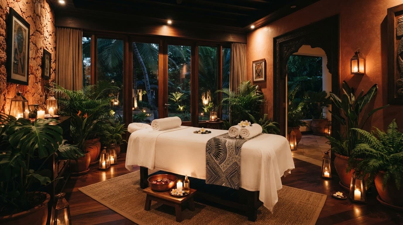 A warmly lit spa room with a massage table, rolled towels, and tropical plants.