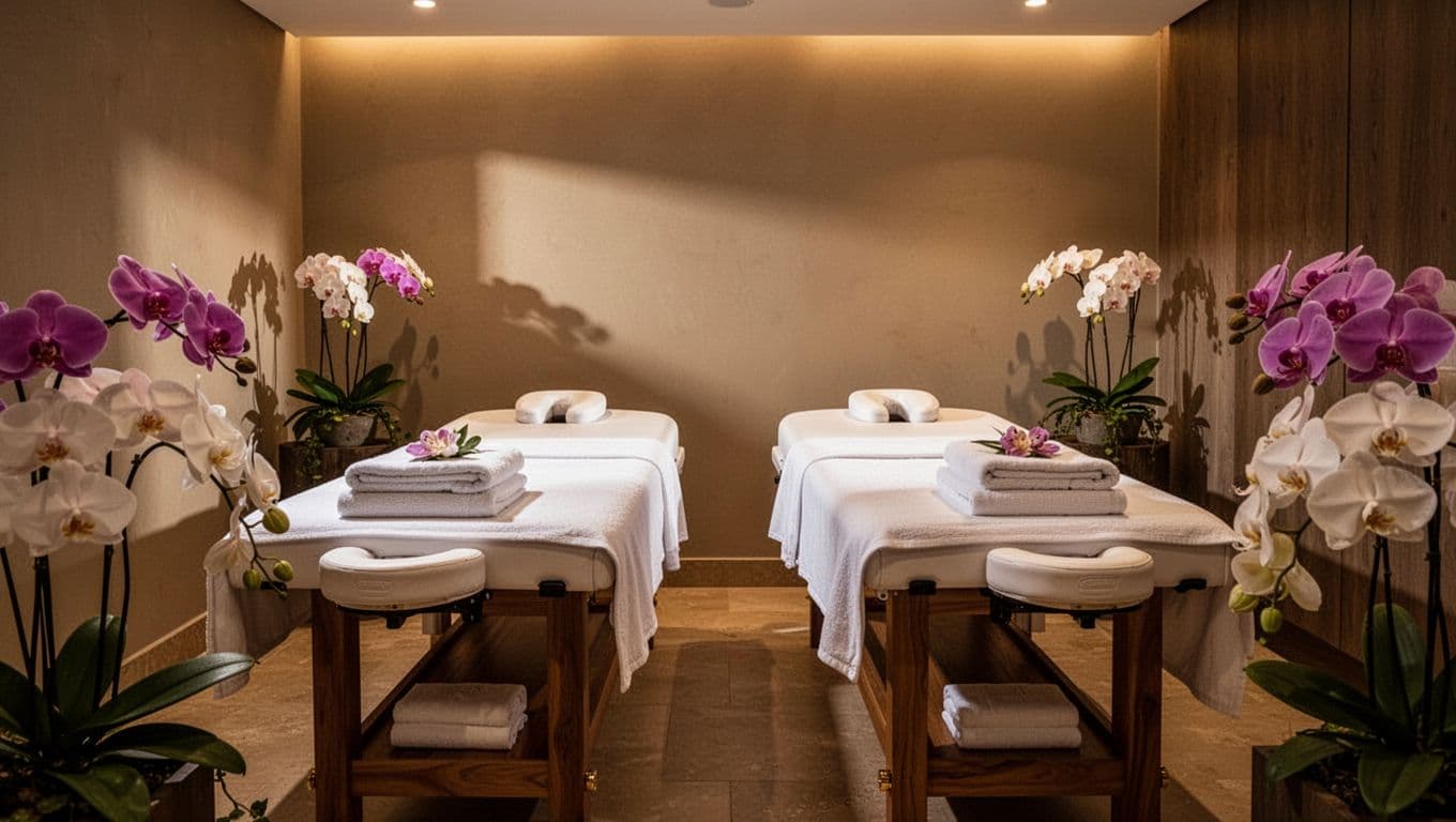 Two massage tables with orchids and folded towels in a warmly lit spa room.