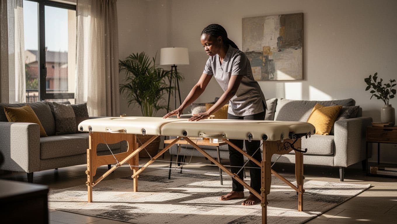 A therapist sets up a portable massage table in a bright modern living room.