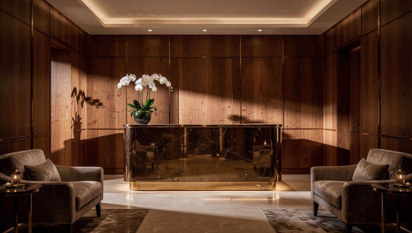 Luxury spa reception with wood paneling, orchids, seating, and one desk.