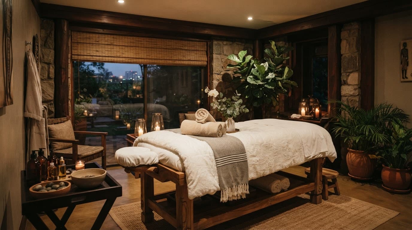 A peaceful Nairobi spa room with wooden tables, rolled towels, and leafy plants.