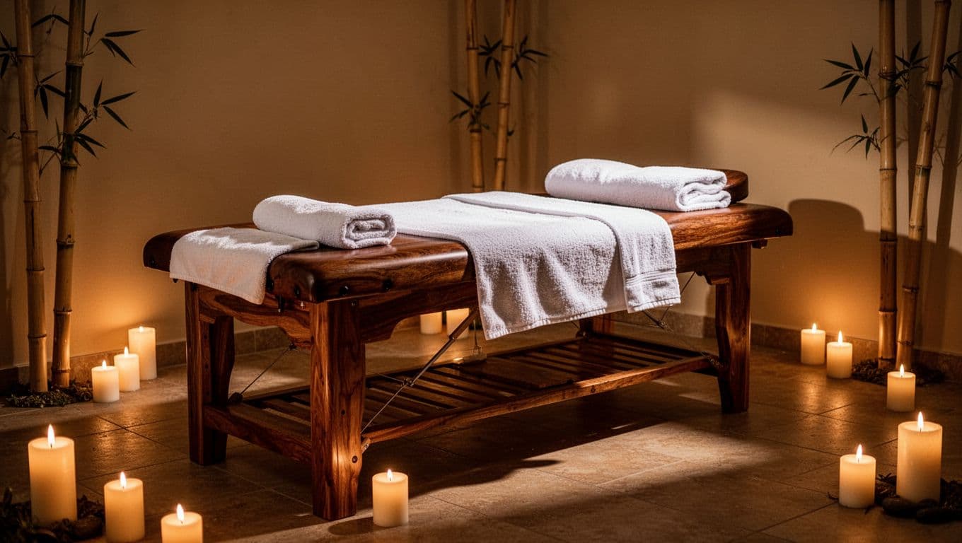 Dim Nairobi spa room with a wooden massage table, white towels, candles, and bamboo accents.