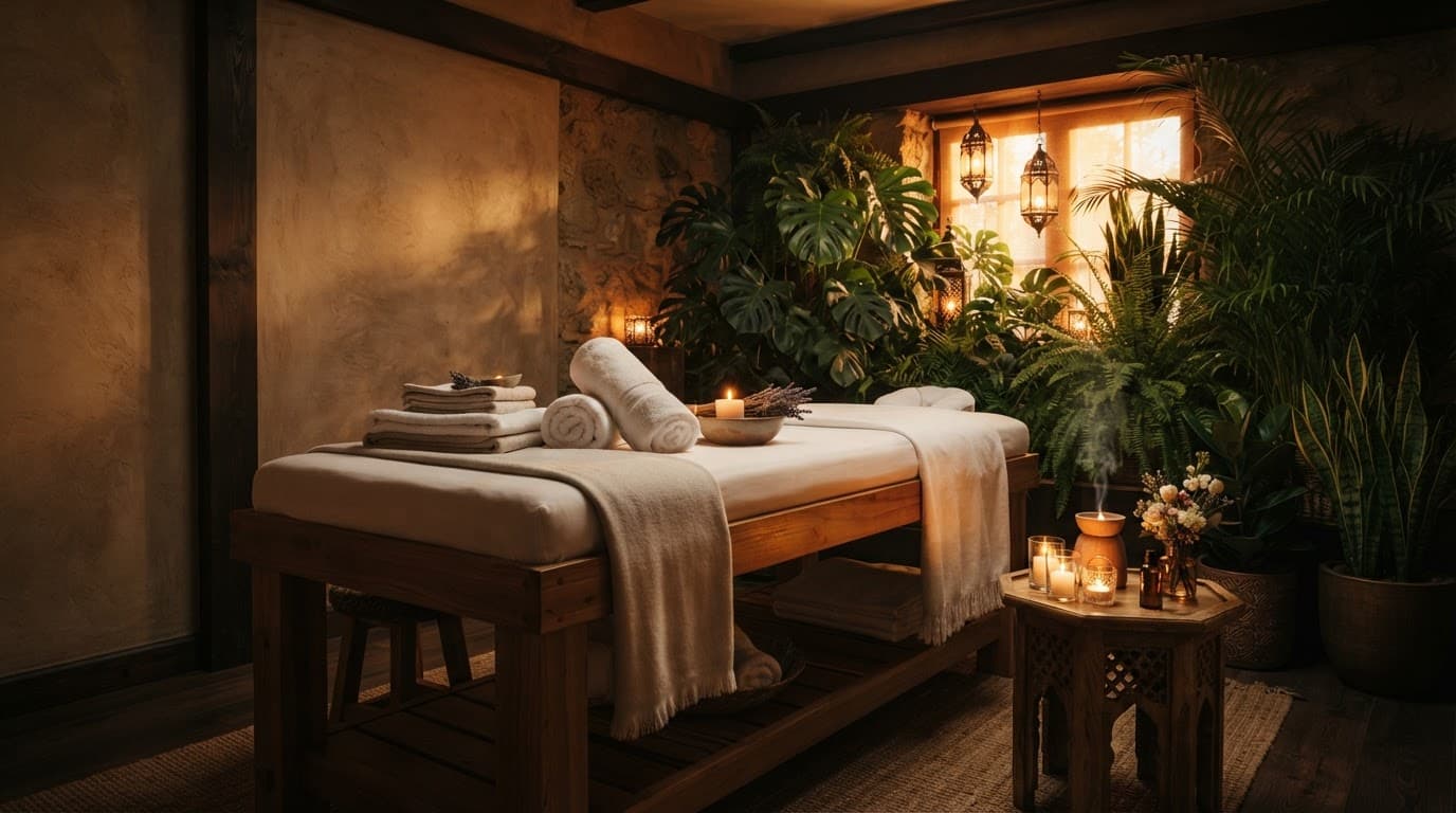 A warm spa room with rolled towels, candles, green plants, and a wooden massage table.