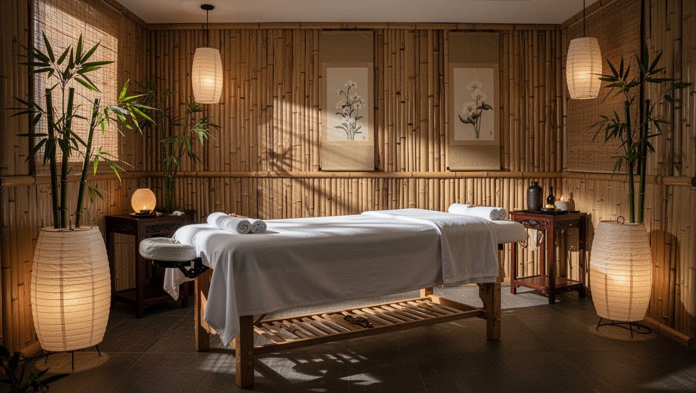 A clean massage table in a softly lit room with bamboo decor.