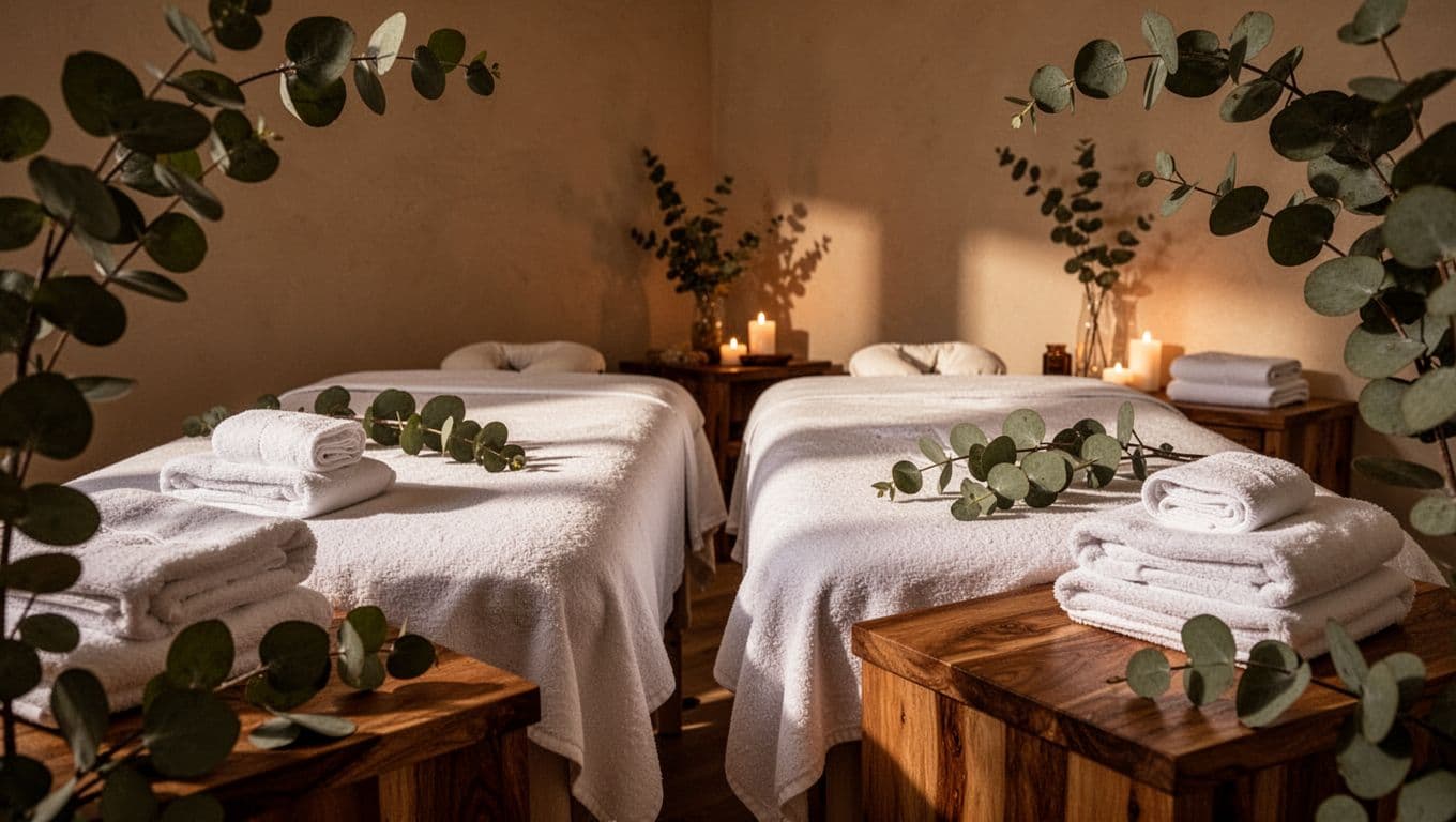 Two massage tables with eucalyptus and folded towels in a warmly lit spa room.