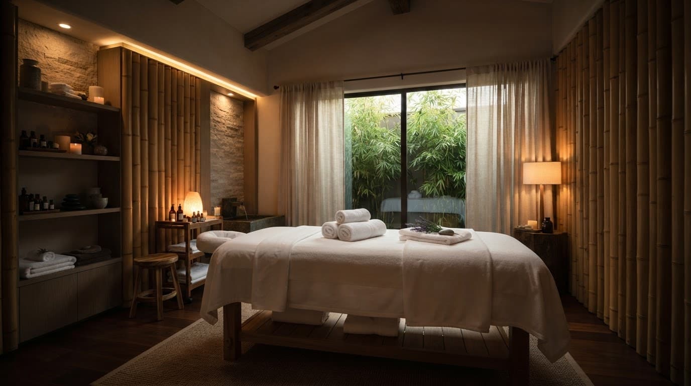 A softly lit spa room with a towel-covered massage table and bamboo accents.