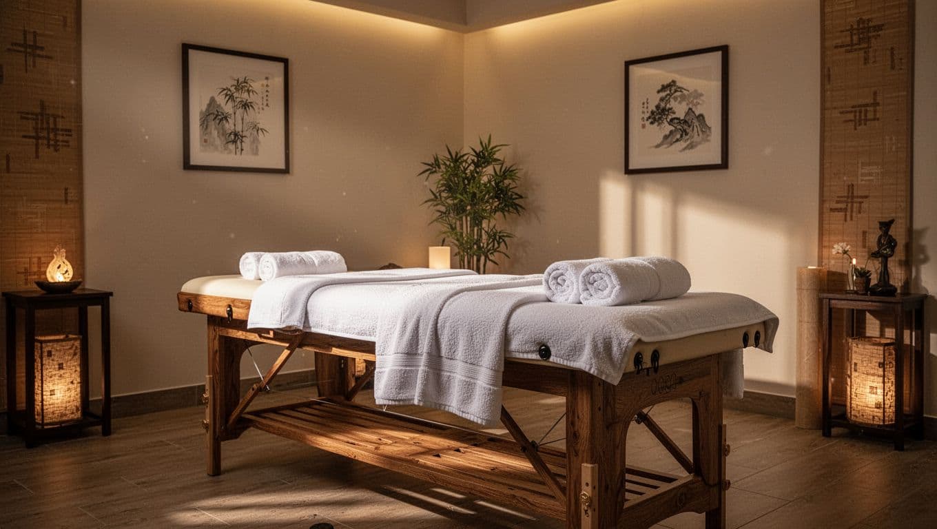 A warmly lit spa room with a wooden massage table, towels, and Asian-inspired decor.