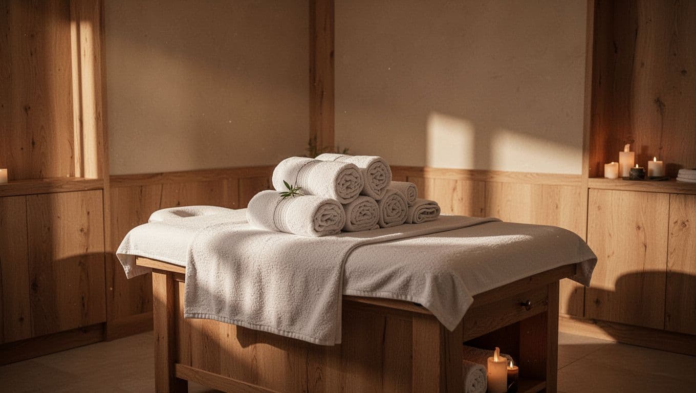 A spa room with a treatment table, rolled towels, wood accents, and warm lighting.