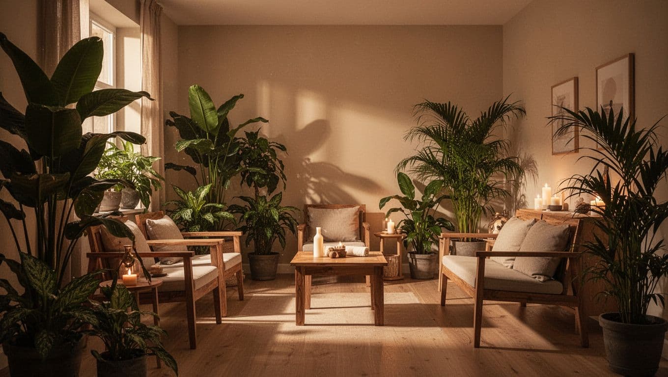 A wellness room with plants, wooden furniture, soft lights, and cushioned seating.