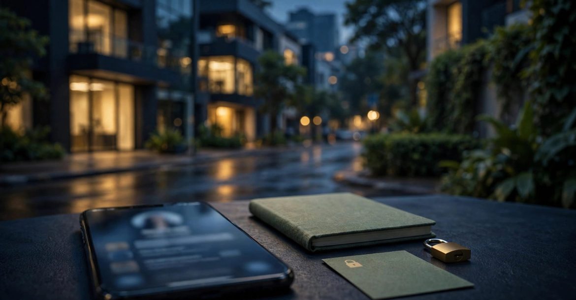 A smartphone and safety items sit on a notebook near a softly lit Nairobi street.