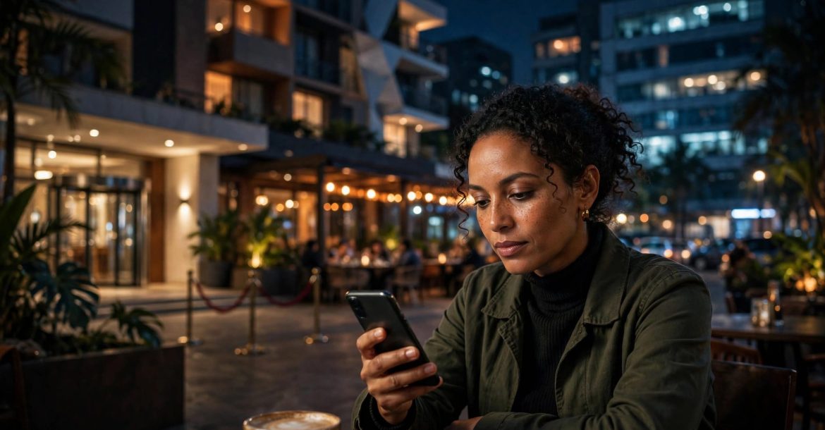 Woman checking her phone at a café in Hurlingham at night.