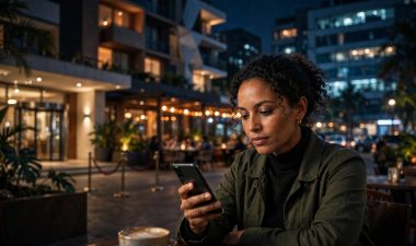 Woman checking her phone at a café in Hurlingham at night.