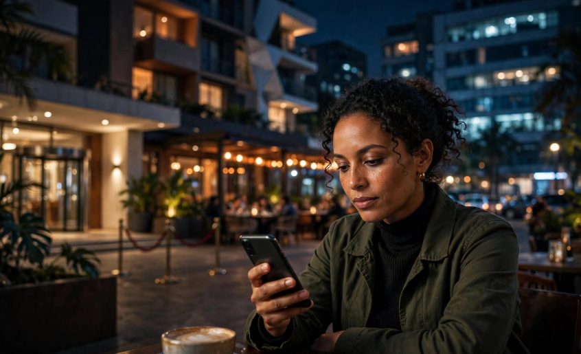 Woman checking her phone at a café in Hurlingham at night.