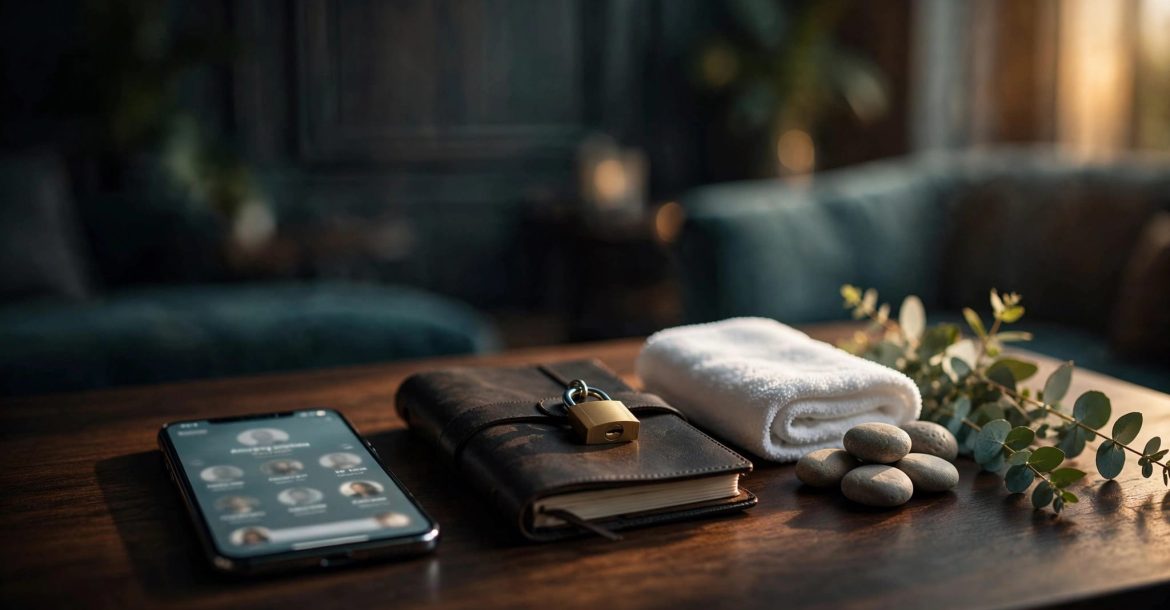 Blurred profiles, a locked journal, spa items, and a padlock on a dark wood table.