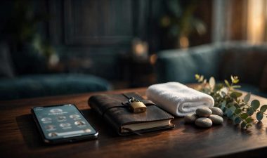 Blurred profiles, a locked journal, spa items, and a padlock on a dark wood table.
