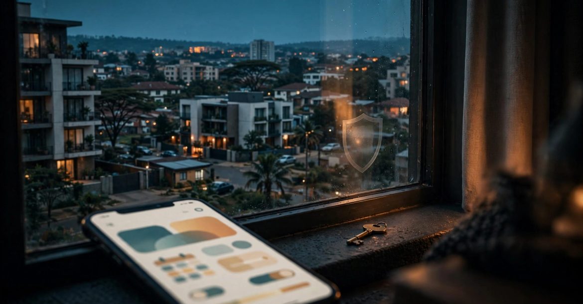 A smartphone and key sit by a window overlooking South B Nairobi at dusk.