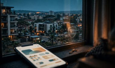 A smartphone and key sit by a window overlooking South B Nairobi at dusk.