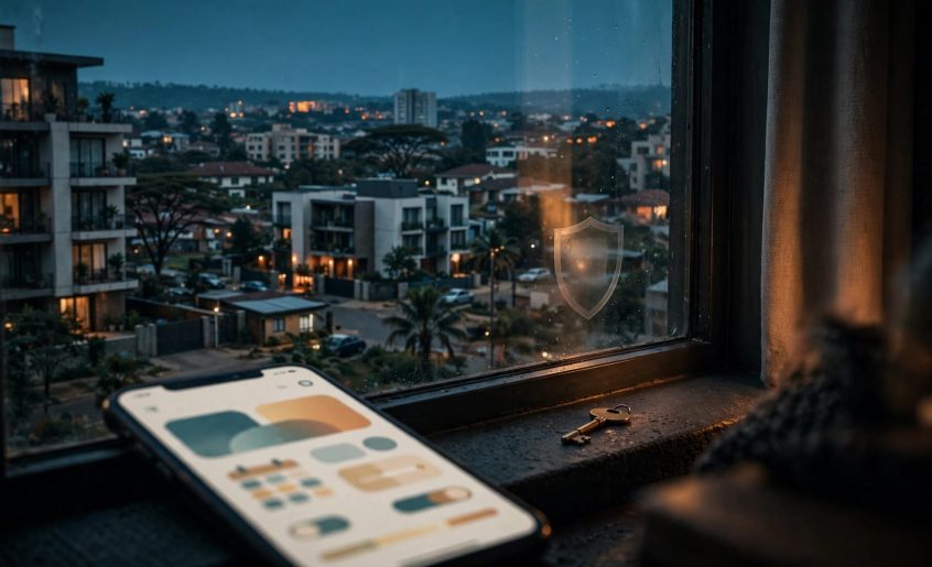 A smartphone and key sit by a window overlooking South B Nairobi at dusk.