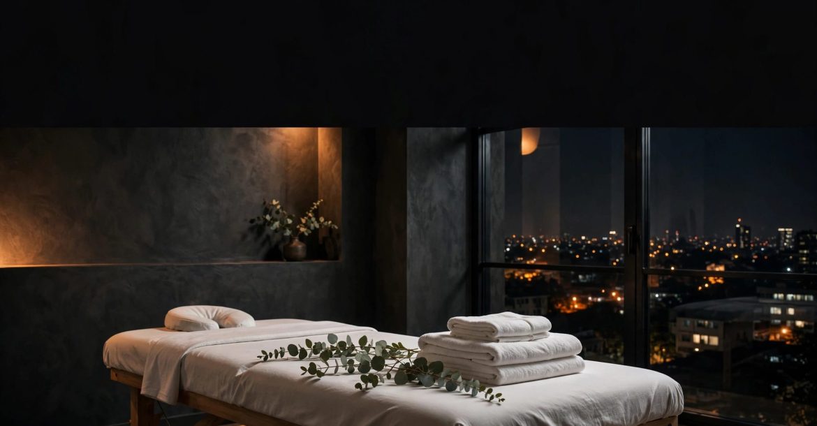 A calm massage room with towels, eucalyptus, and Nairobi lights beyond the window.