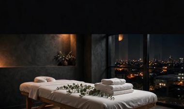 A calm massage room with towels, eucalyptus, and Nairobi lights beyond the window.