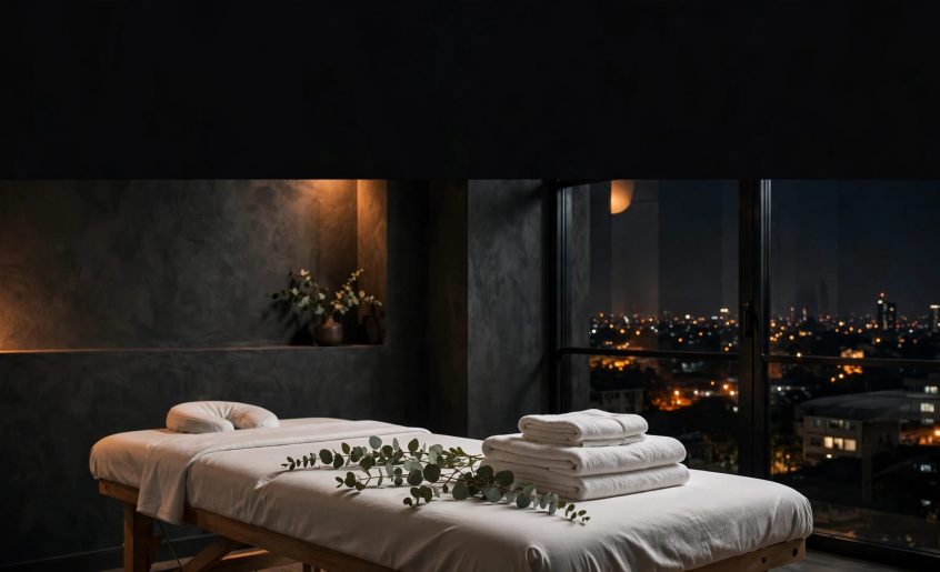 A calm massage room with towels, eucalyptus, and Nairobi lights beyond the window.