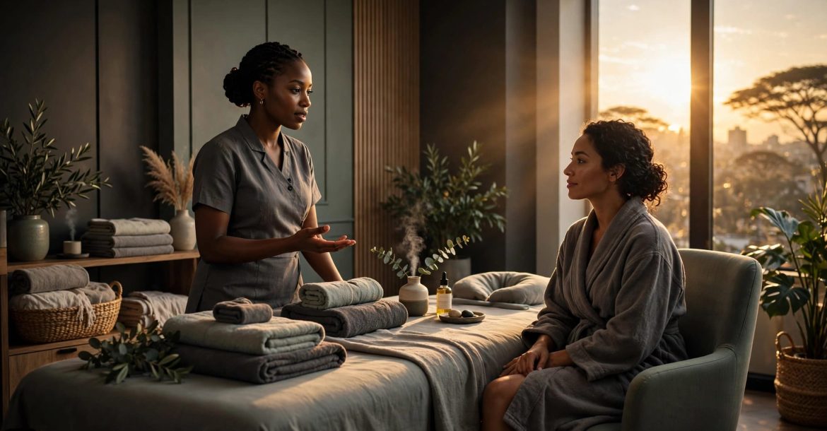 A therapist speaks with a seated client beside a prepared massage table.