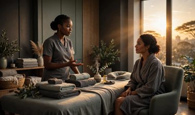 A therapist speaks with a seated client beside a prepared massage table.