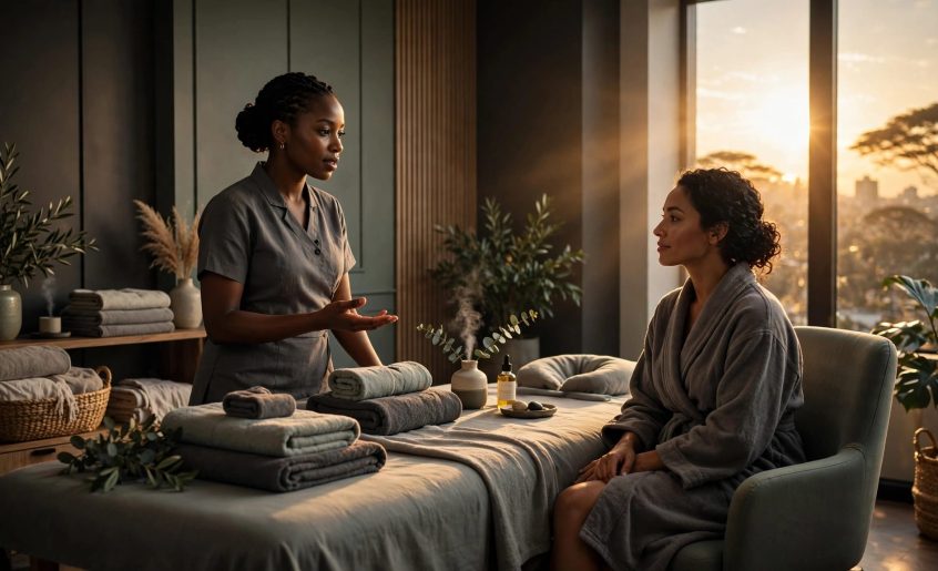 A therapist speaks with a seated client beside a prepared massage table.