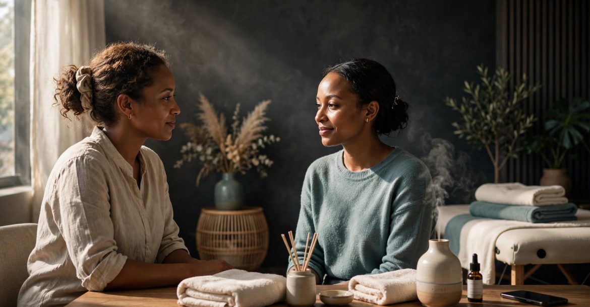 A massage therapist discusses care with a client in a softly lit studio.