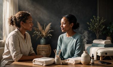 A massage therapist discusses care with a client in a softly lit studio.