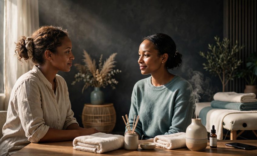 A massage therapist discusses care with a client in a softly lit studio.