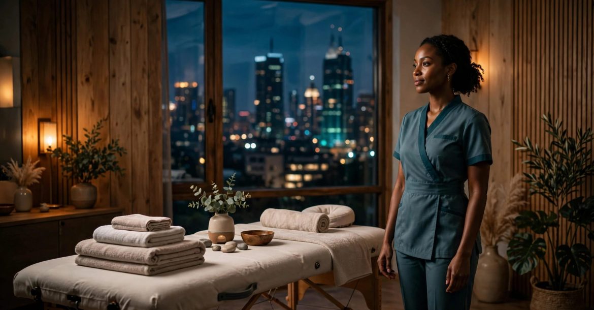A female therapist stands beside a prepared massage table in a warm Nairobi wellness studio.