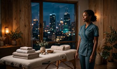 A female therapist stands beside a prepared massage table in a warm Nairobi wellness studio.