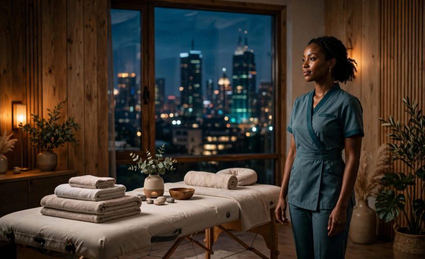 A female therapist stands beside a prepared massage table in a warm Nairobi wellness studio.