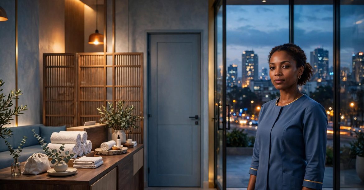 A wellness therapist stands near a booking desk inside a softly lit Nairobi spa.