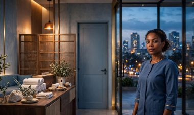 A wellness therapist stands near a booking desk inside a softly lit Nairobi spa.