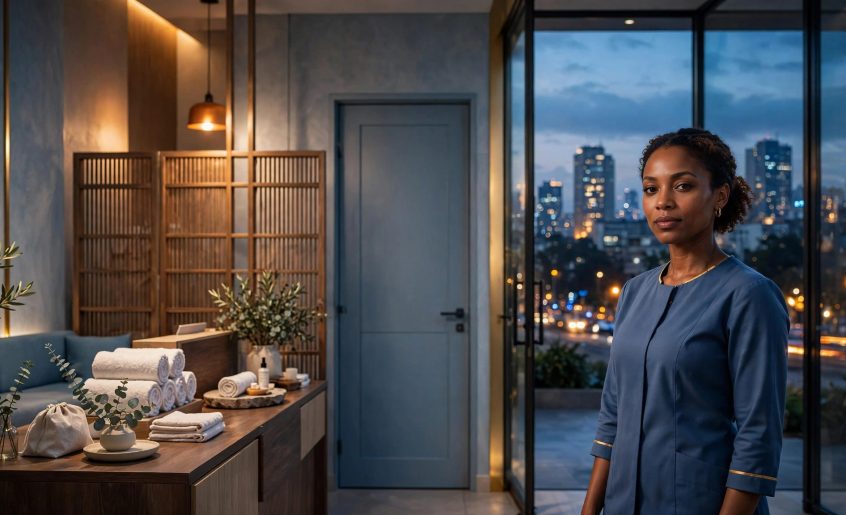 A wellness therapist stands near a booking desk inside a softly lit Nairobi spa.