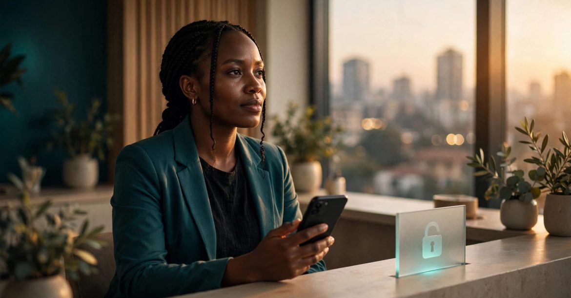 An adult woman holds a phone in a bright reception beside a glowing padlock symbol.