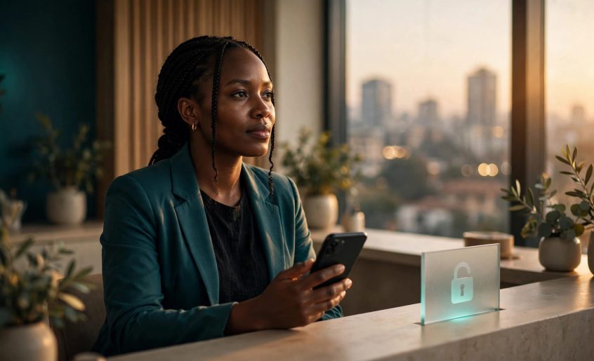 An adult woman holds a phone in a bright reception beside a glowing padlock symbol.