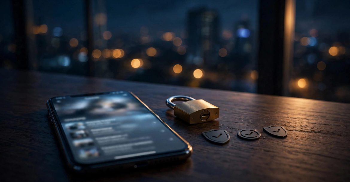 A smartphone, padlock, and safety icons sit on a dark table at dusk.