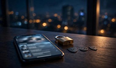 A smartphone, padlock, and safety icons sit on a dark table at dusk.
