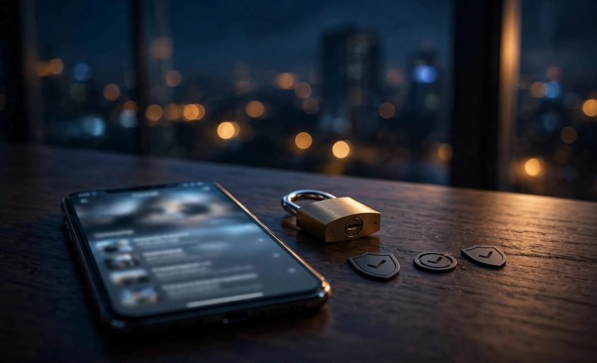A smartphone, padlock, and safety icons sit on a dark table at dusk.