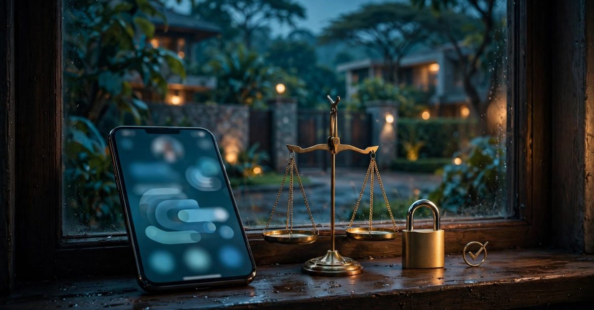 A smartphone, legal scales, lock, and consent symbol sit by a window overlooking greenery.