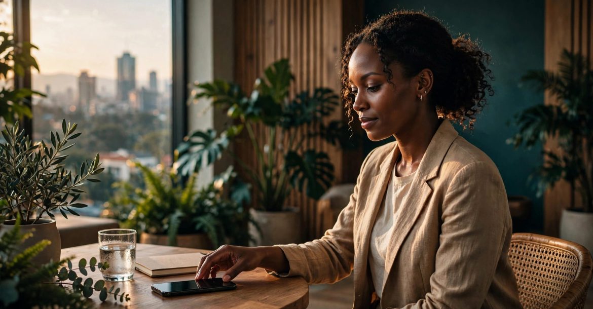A woman places a phone beside a notebook and water in a bright wellness studio.