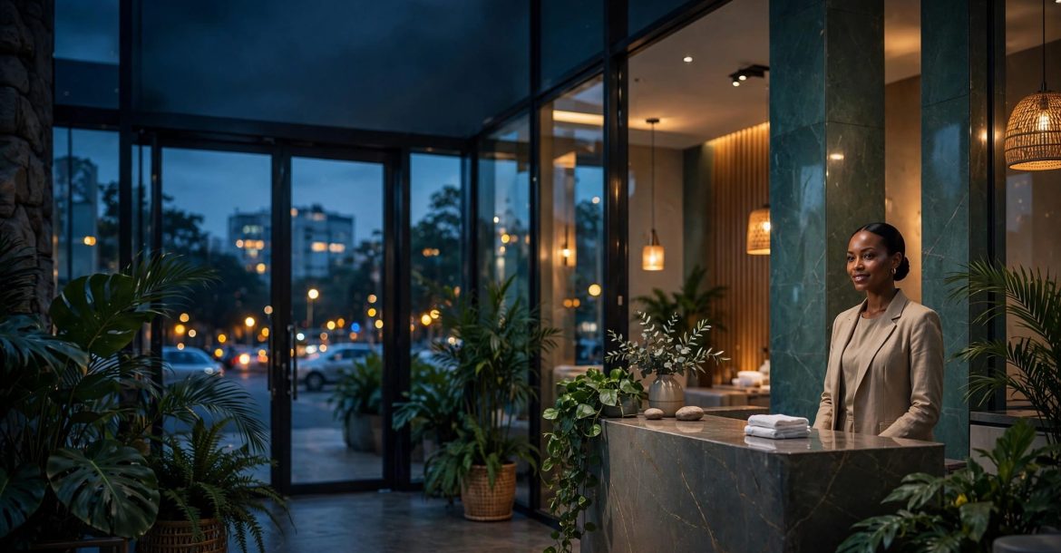 A spa receptionist welcomes visitors beside a desk near a warmly lit entrance.